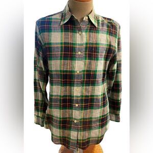 100% Soft Linen NWOT  Green Plaid Buttn-Up Shirt - Women M